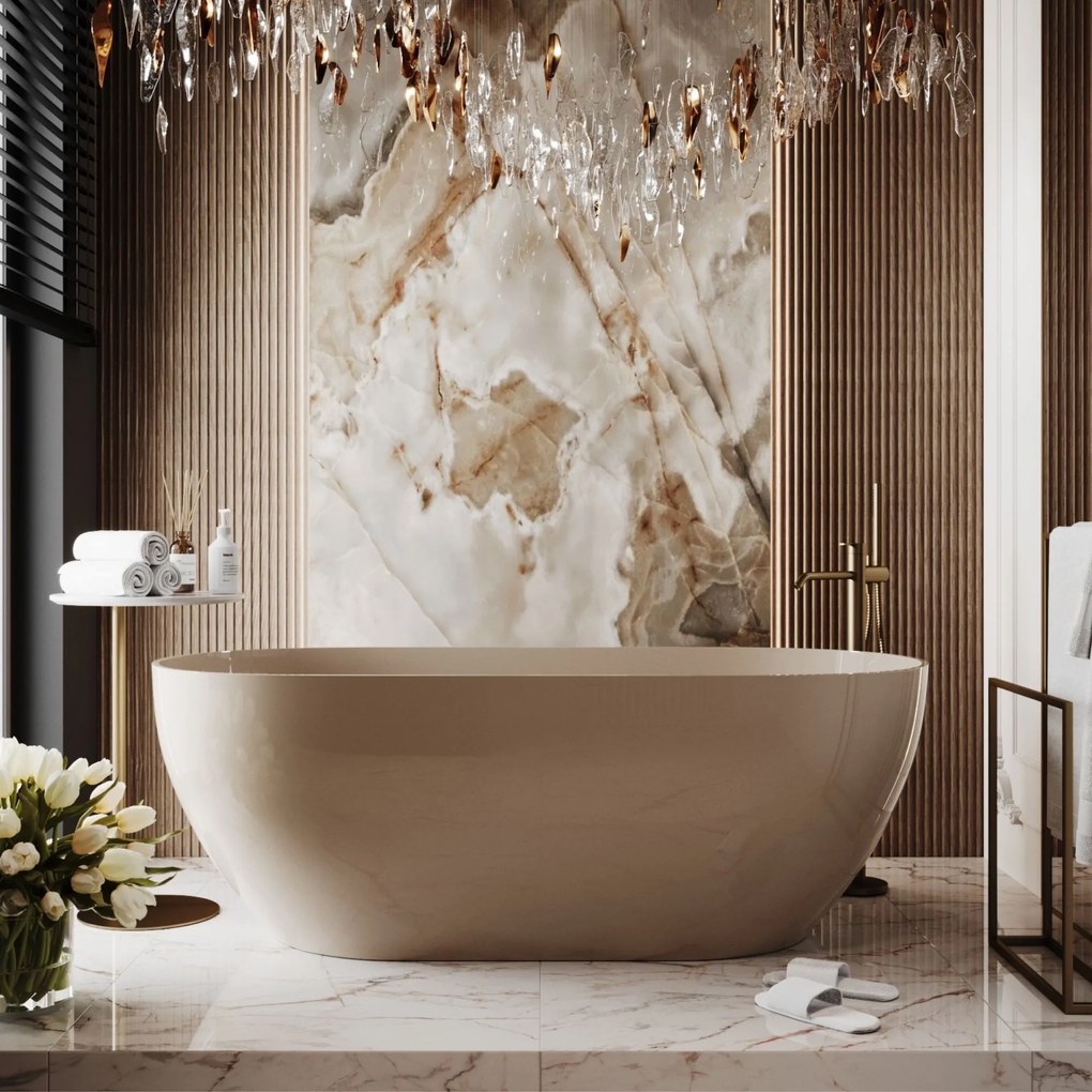 Wanna wolnostojąca owalna z konglomeratu 160 x 75 cm RONA Beige mat / połysk przelew typu SLIM cienki rant : Kolor wanny - Beż połysk