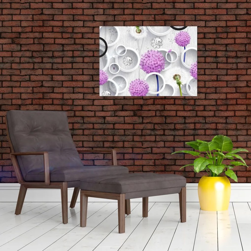 Obraz abstrakcji 3D z kołami i kwiatami (70x50 cm)