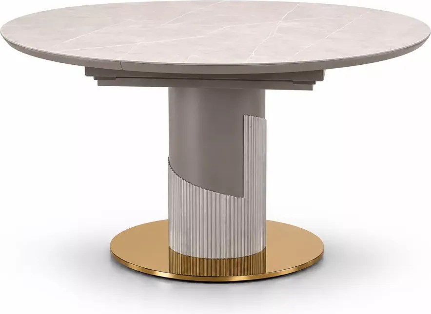 Rozkładany stół okrągły Muskat 120-160 cm z ceramicznym szarym blatem na jednej nodze MDF, złota podstawa do jadalni