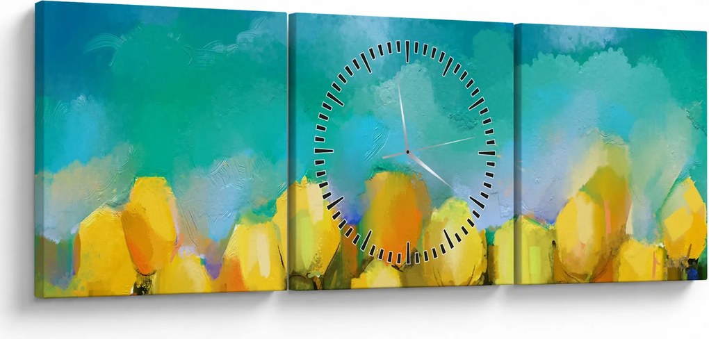 Obraz żółtych tulipanów (z zegarem) (90x30 cm)