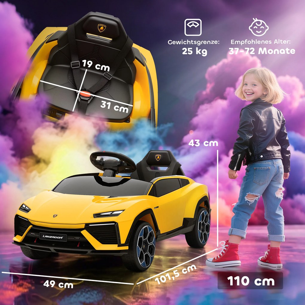 AIYAPLAY Elektryczne auto 12 V z pilotem 2,4 GHz, 2 silniki, LED, muzyka — 101,5 x 49 x 43 cm, żółte