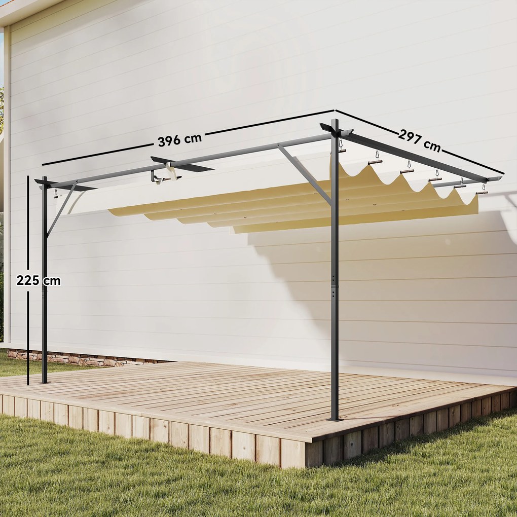 Outsunny Zadaszenie tarasowe Pergola ok. 4x3m z regulowanym dachem, montaż ścienny UV30+, kremowobiały | Aosom PL