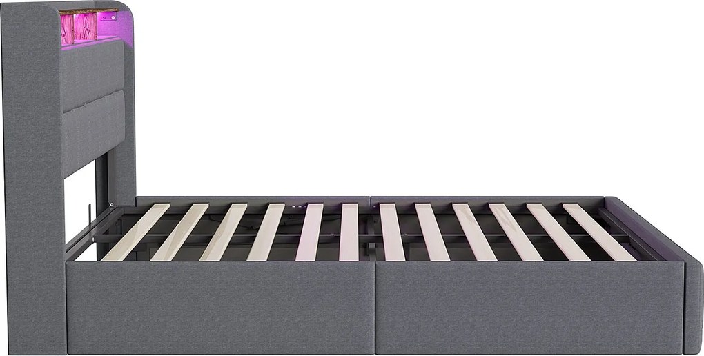 Łóżko podwójne 140x190 cm szare z lnu z przechowywaniem, LED RGB, port USB i 3 wysuwanymi szufladami