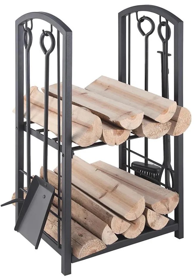 Kosz na drewno z narzędziami kominkowymi 5 szt. czarny