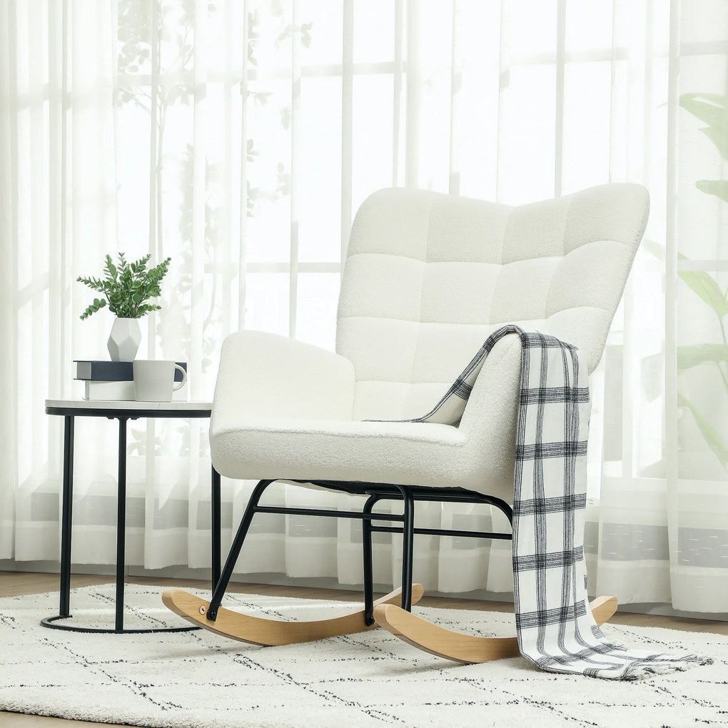 HOMCOM Fotel Bujany w Wyglądzie Fleece z Podłokietnikami, Ergonomiczny Fotel na Drewnianych Płozach, do Salonu, Sypialni, Biały