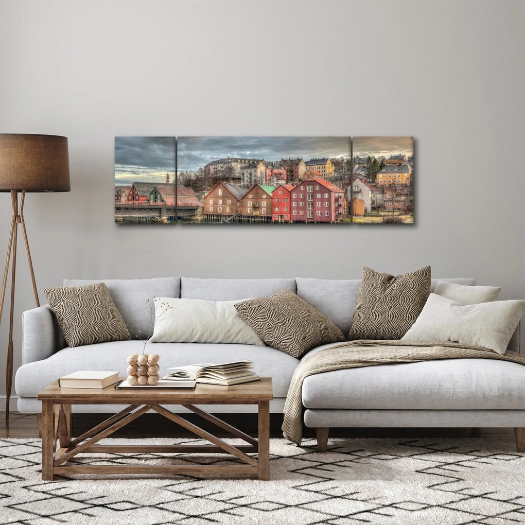 Obraz - domy nad rzeką (170x50 cm)