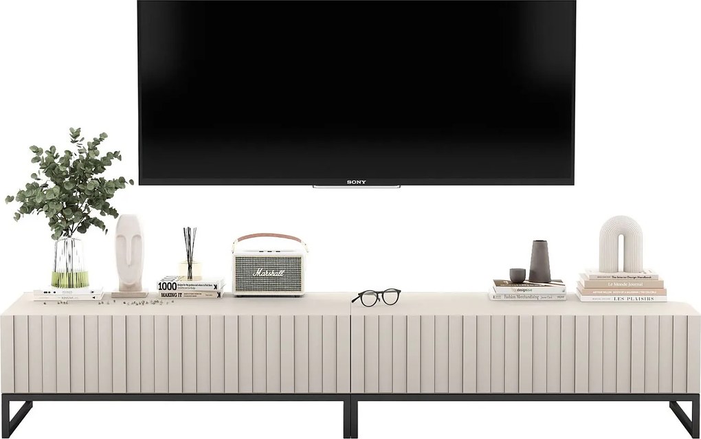 Szafka RTV z 2 drzwiami - Korpus kaszmir mat, fronty ryflowane kaszmir mat - 220 cm, czarna metalowa rama