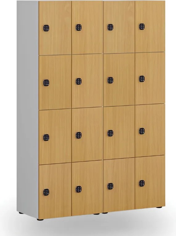 Drewniana szafka skrytkowa S4, 8 schowków, demontaż, zamek kodowy, szary/buk