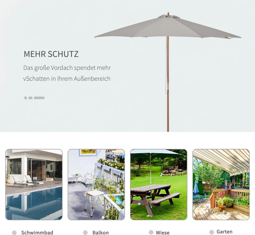 Outsunny Parasol Ogrodowy Drewniany z Mechanizmem 300 cm Szary