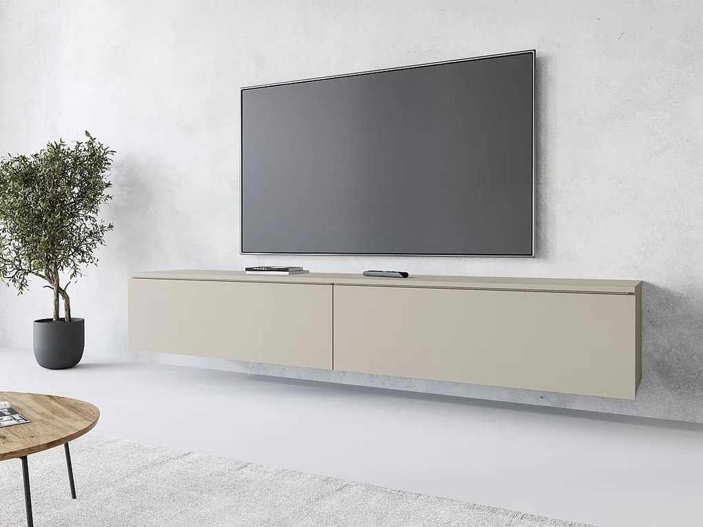 Nowoczesna szafka RTV 180 cm do salonu – 2-drzwiowa, bezuchwytowa, matowa, stojąca lub wisząca, kaszmirowy beż