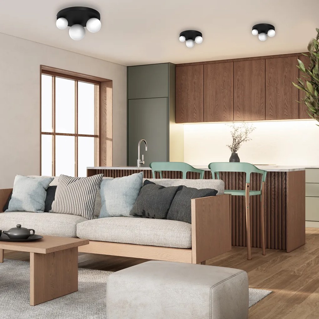Lampa sufitowa BIBIONE 3xG9, trzy kule białe, czarna, na kole