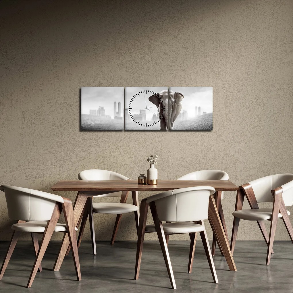 Obraz - Słonie w wielkim mieście, wersja czarno - biała (z zegarem) (90x30 cm)