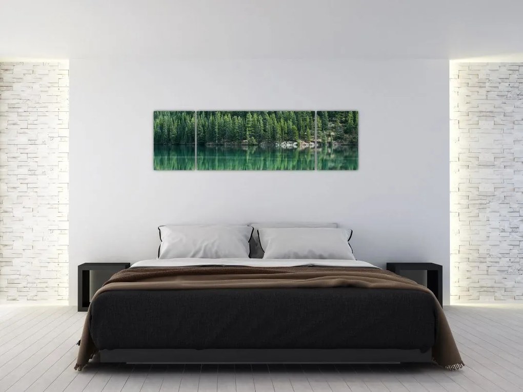 Obraz - drzewa iglaste nad jeziorem (170x50 cm)