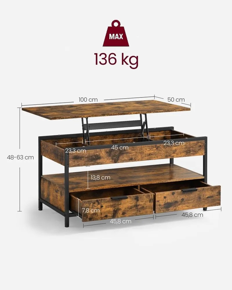 Regulowany stół konferencyjny GASPAR, 50x100x(48-63)cm, brąz/czarna Vasagle