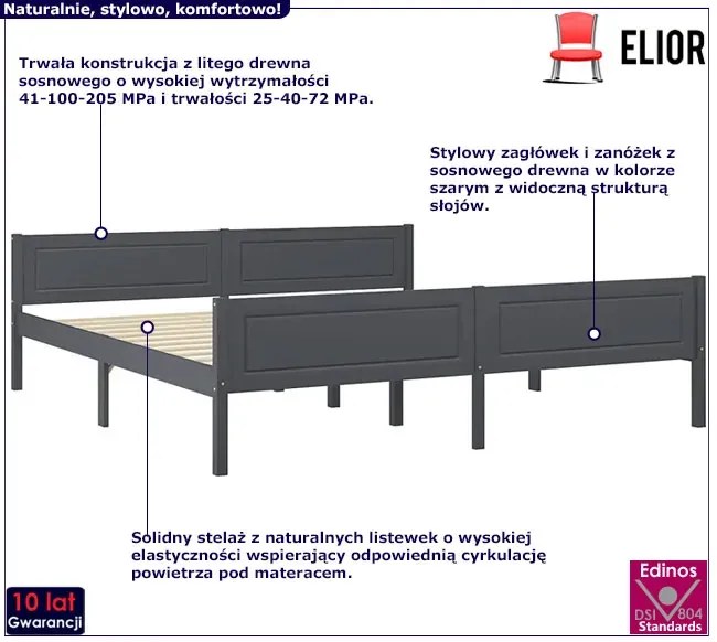 Szare podwójne łóżko z litego drewna 180x200 C3-T56