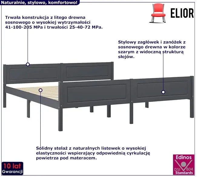 Szare podwójne łóżko z litego drewna 180x200 - Siran 7X