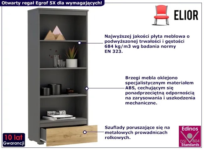 Klasyczny otwarty regał na nóżkach antracyt + dąb craft - Egrof 5X