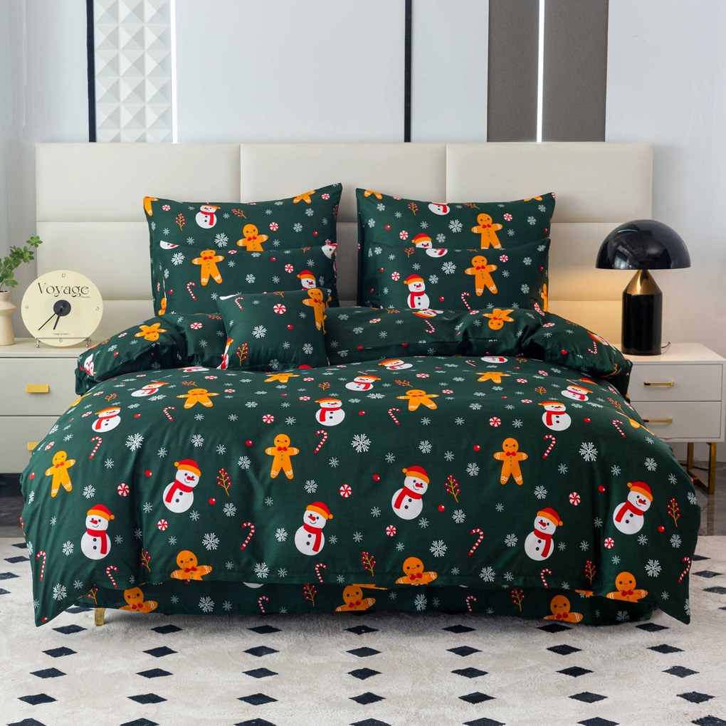 PrzytulneMieszkanie.pl PrzytulneMieszkanie.pl Prześcieradła z mikrofibry SNOWMAN AND GINGERBREAD w kolorze zielonym Rozmiar pościeli: 70 x 90 cm | 140 x 200 cm