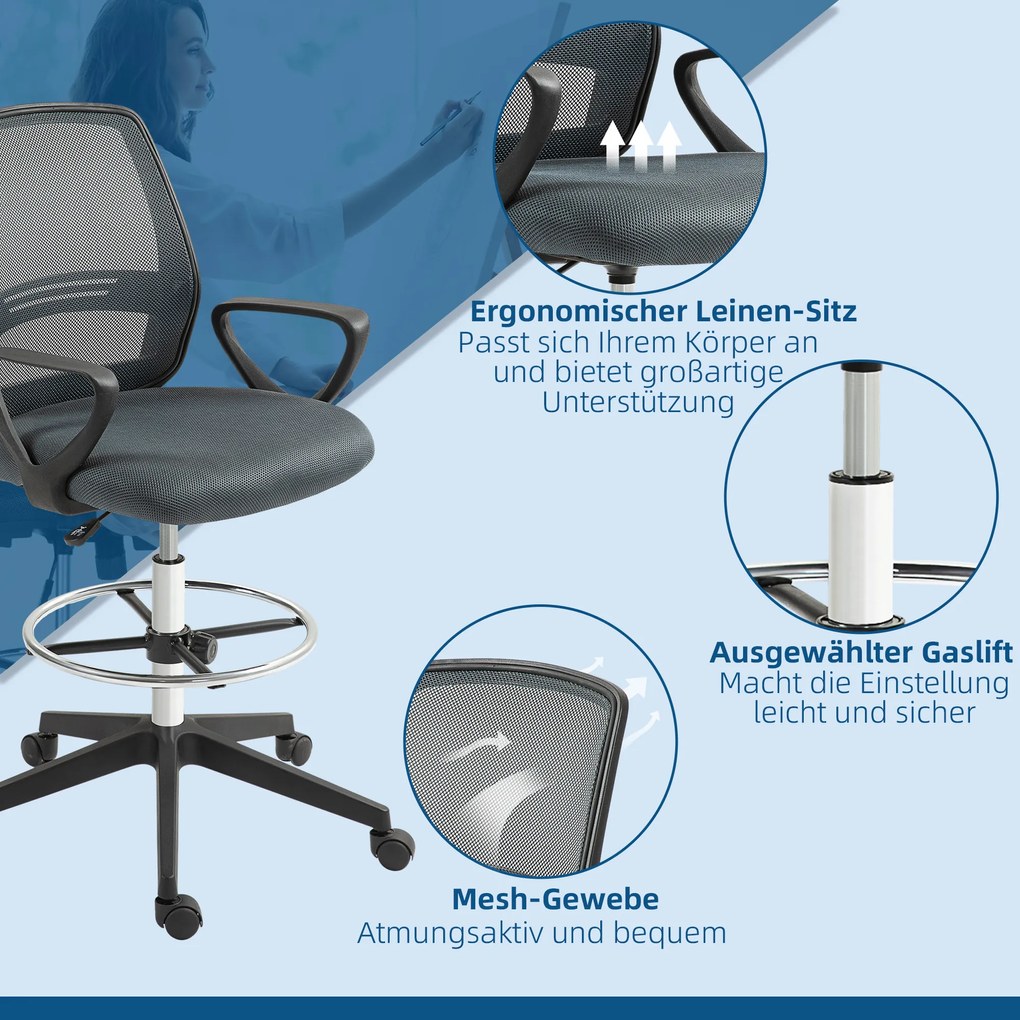 Vinsetto Ergonomiczny Fotel Biurowy z Podłokietnikami i Regulowanym Podnóżkiem Siatka Szary