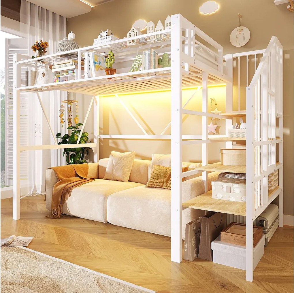 Łóżko piętrowe metalowe - 90 x 200 cm - z metalową siatką + diody LED + drabinka ze schowkiem - MDF + metal - białe