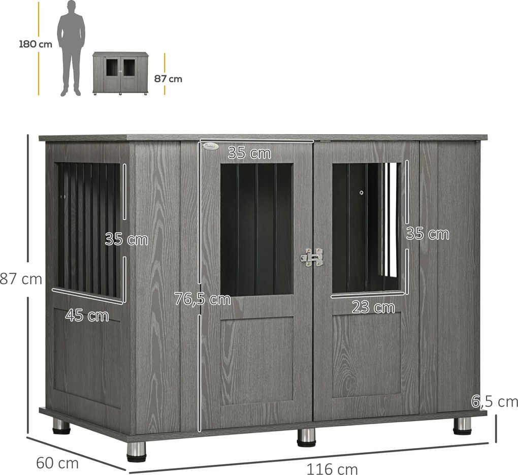 PawHut Buda dla psa z oknem Szara 116x60x87cm Przestronna i komfortowa | Aosom PL