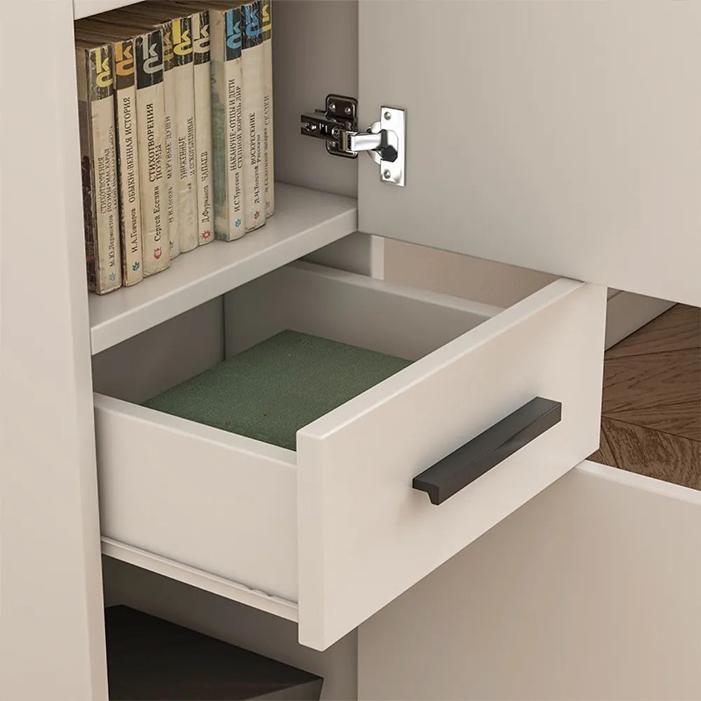 Biała szafka biurowa w stylu loftowym z 2 półkami i szufladą – 85x30x30 cm