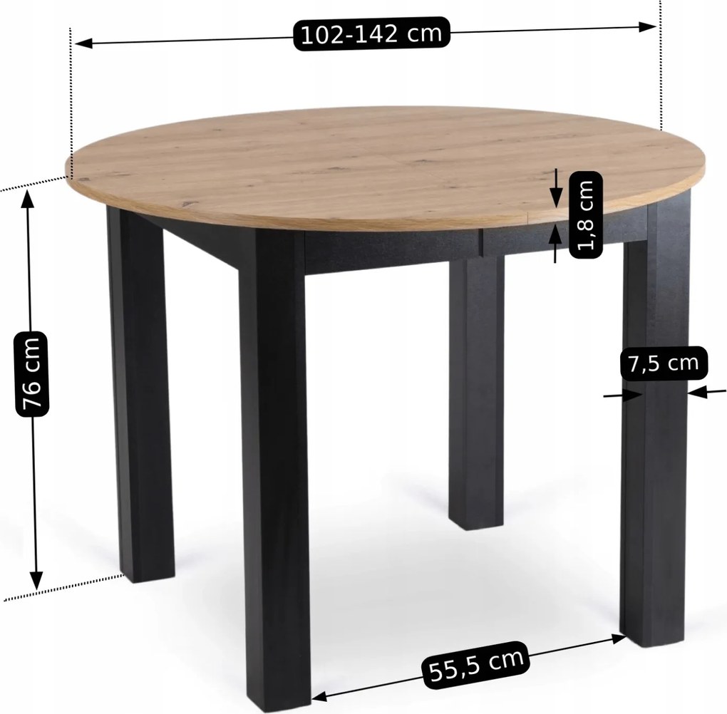 Mały stół loftowy z funkcją rozkładania Harry 102-142 cm, dąb artisan/czarny