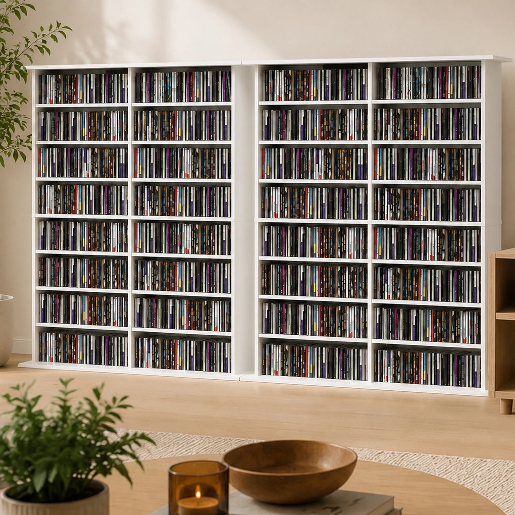 HOMCOM Regał multimedialny, 8 poziomów, regał na DVD z 12 regulowanymi półkami, 16 przegród, pojemność 720 CD, biały | Aosom PL