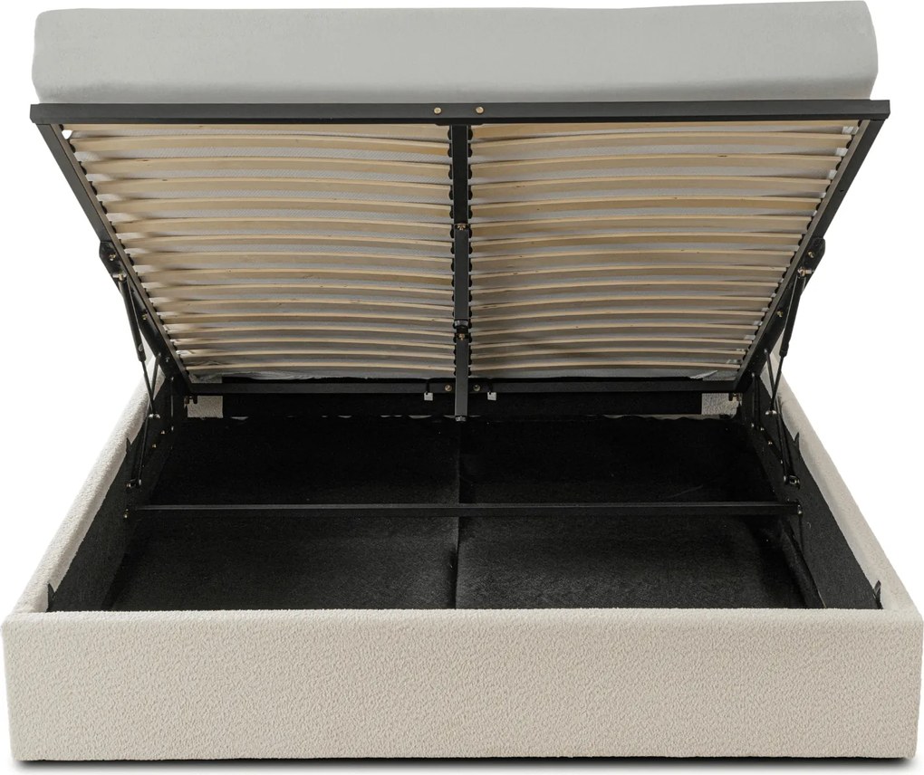 Łóżko Tapicerowane 140x200 cm MARSYLIA ze Stelażem i Pojemnikiem Dwuosobowe Boucle Kremowe