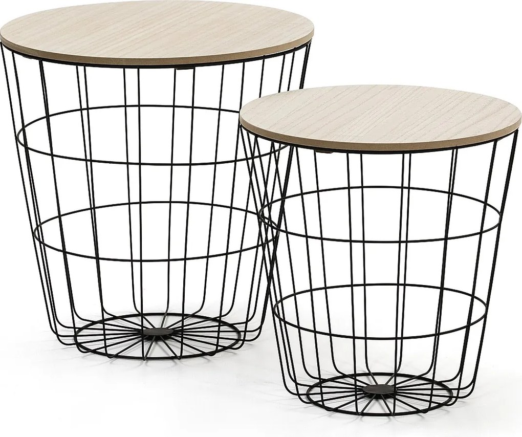 Zestaw dwóch niskich stołów kawowych Everest, blaty z naturalnej okleinowanej drewna i metalowa konstrukcja.