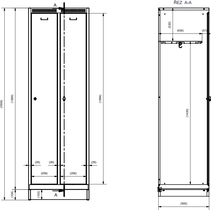 Metalowa szafka ubraniowa S7 na cokole, 2-drzwiowa, 1904 x 600 x 500 mm, demontaż, zamek cylindryczny, drzwi niebieskie