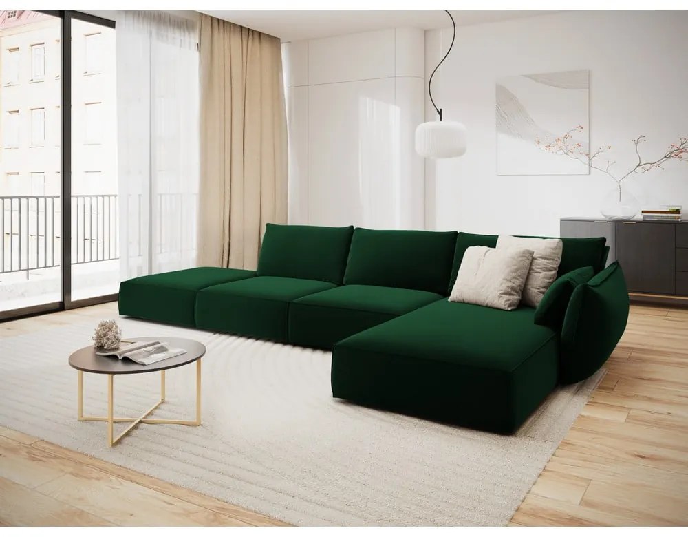 Ciemnozielony aksamitny narożnik (prawostronny/z szezlongiem) Vanda – Mazzini Sofas