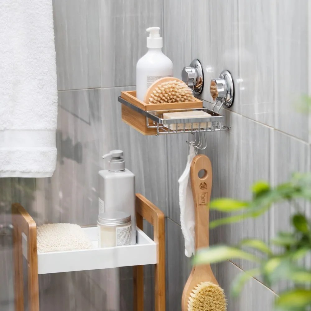 Pojemnik bambusowy z mydelniczką i przyssawkami Compactor Spa
