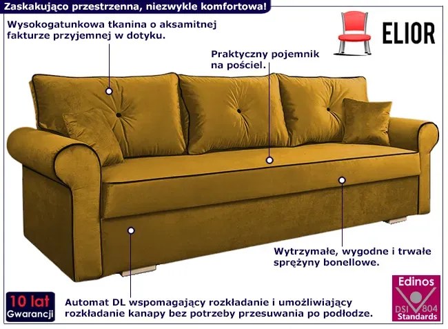 Welurowa kanapa z pojemnikiem na pościel kolor musztardowy - Blosse 4X