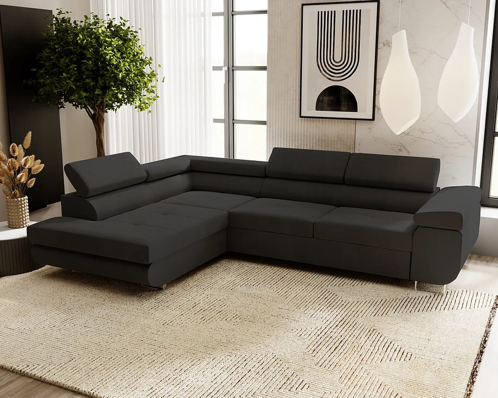 Emporius Sorlo narożnik z funkcją spania i pojemnikiem - regulowane zagłówki, lewostronny, tkanina aksamitna, czarny (Amor Velvet 4322)