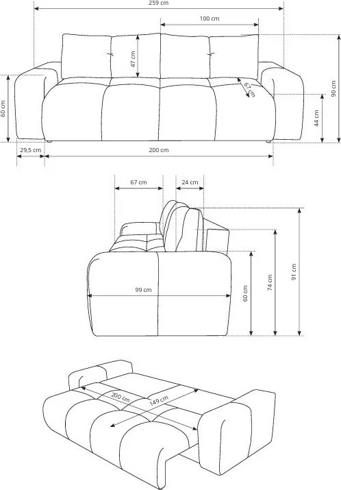 Masseno Sofa DUCA z funkcją spania i pojemnikiem na pościel, Rozkładana sofa - Szary, CURIO 83