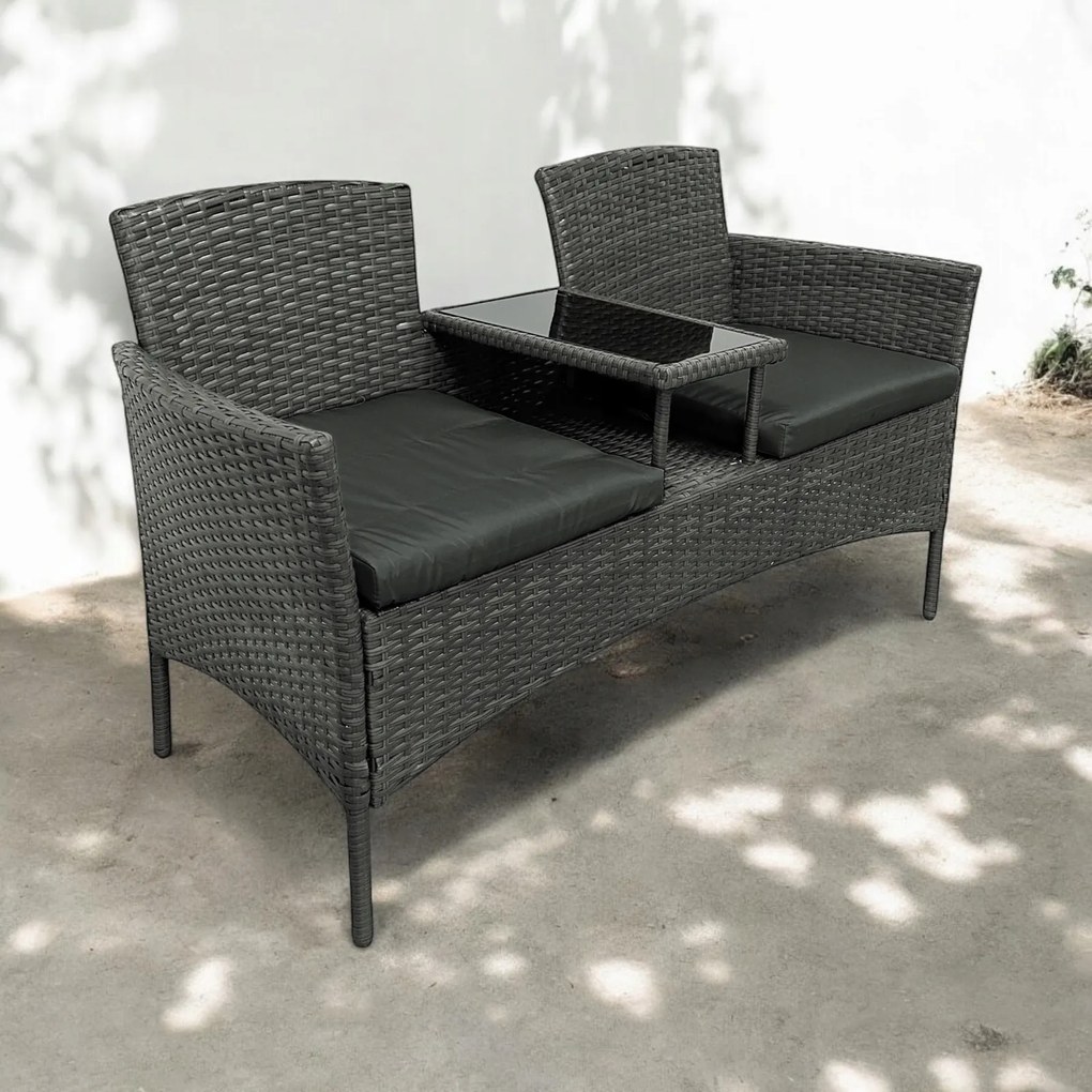 Meble ogrodowe Ratina, dwuosobowa sofa ze stolikiem, kolor szary, poduszki szare
