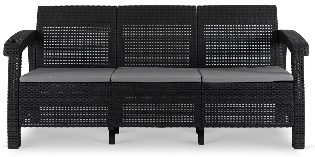 Sofa Ogrodowa FLINT Technorattan Czarna Trzyosobowa