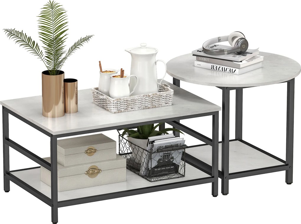 HOMCOM Zestaw Stolików Kawowych, 2 Pomocnicze Stoliki, Wygląd Marmuru, Regulowane Nóżki, Stal, Czarny/Biały