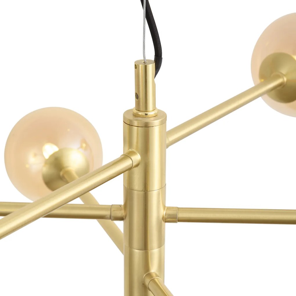 Lampa wisząca Art Deco mosiężna z bursztynowym szkłem 6-punktowa - Ryan