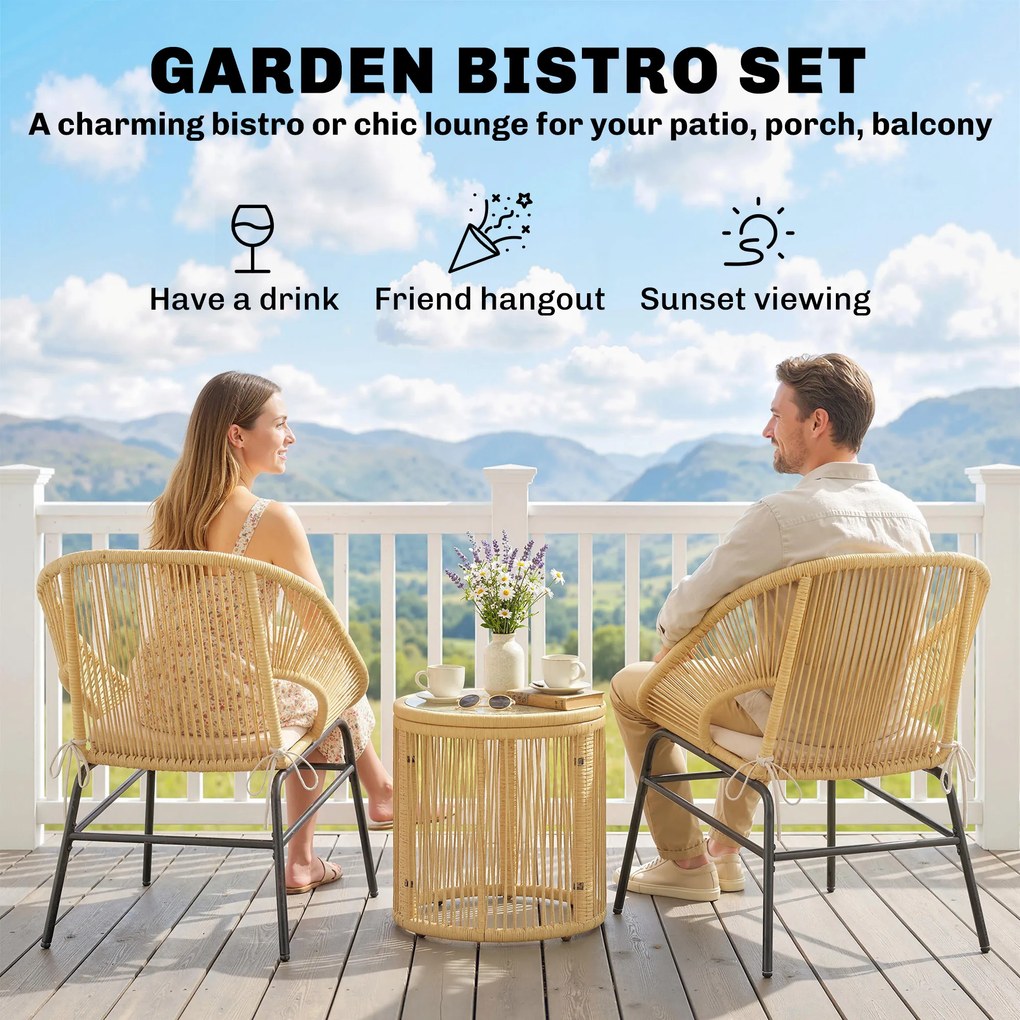 Outsunny Rattanowy zestaw bistro 3-częściowy zestaw mebli ogrodowych z 2 krzesłami, stołem ze szklanym blatem, pranymi poduszkami, ergonomiczny | Aosom PL