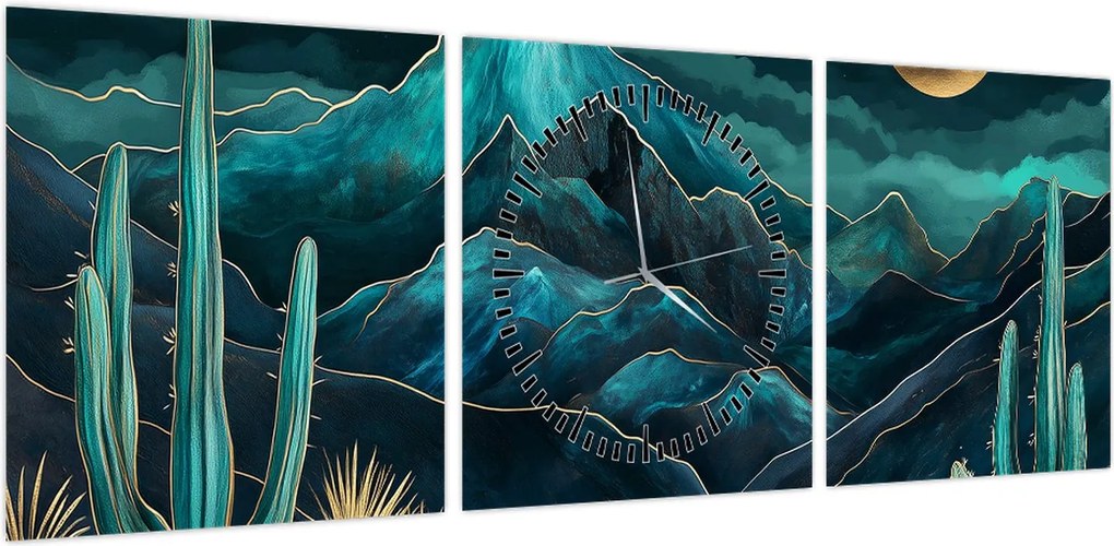 Obraz - Turkusowa noc (z zegarem) (90x30 cm)
