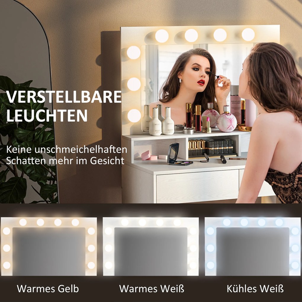 HOMCOM Toaletka z oświetlonym lustrem, szufladami, 3 opcje światła, 10 żarówek, nowoczesna toaletka w kolorze białym