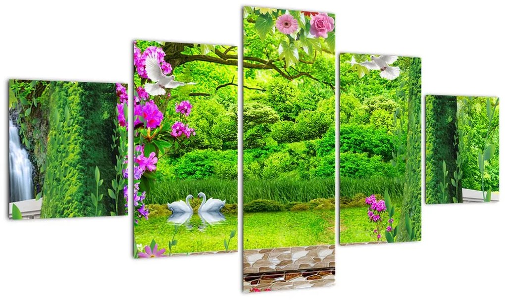 Obraz - Magiczny ogród z łabędziami (125x70 cm)