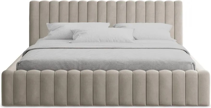 Szarobrązowe tapicerowane łóżko dwuosobowe ze schowkiem i stelażem 160x200 cm Lemi – Makamii