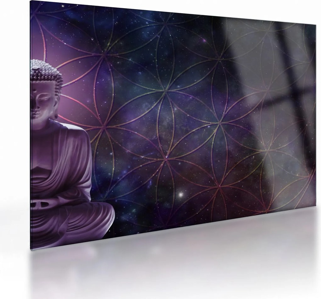 Obraz na szkle - Budda z kwiatami życia (70x50 cm)