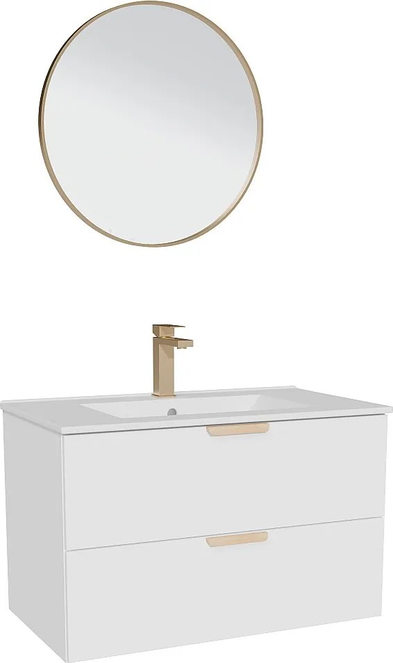 Wisząca szafka łazienkowa z umywalką wpuszczaną w blat, baterią i lustrem – Biała – Szer80 cm – AVORELI