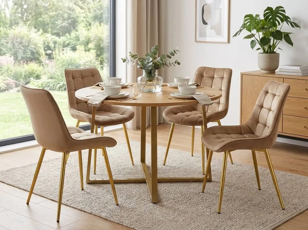 Brązowe krzesło do kuchni BERA aksamitne ze złotymi nogami