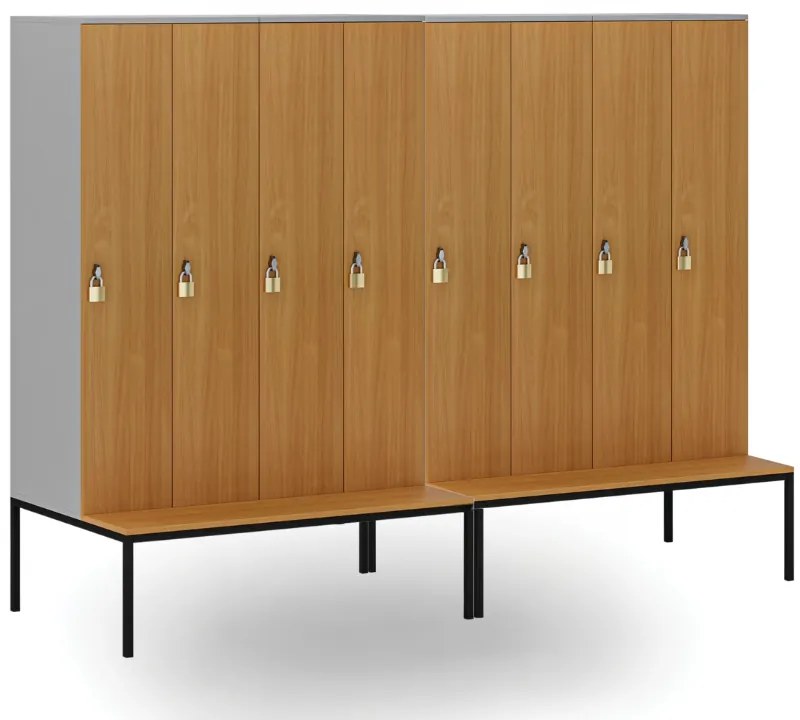 Drewniana szafa ubraniowa S4 z ławką, 4-drzwiowa, 1871 x 1200 x 500/800 mm, demontaż, zamek obrotowy, szary/czereśnia