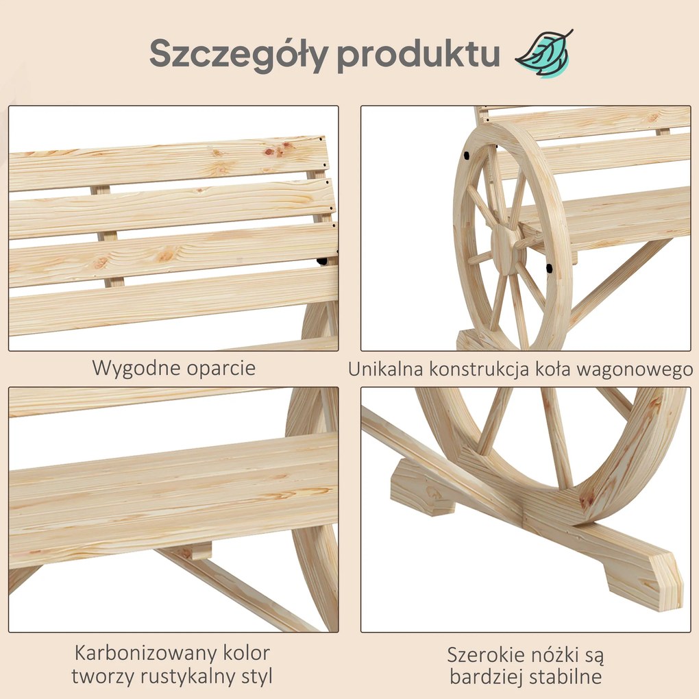 Outsunny Ława ogrodowa, Design z kołami wozu, dla 2 osób, Drewno świerkowe, ciemnobrązowe, 105,5 x 56 x 79 cm, Naturalne